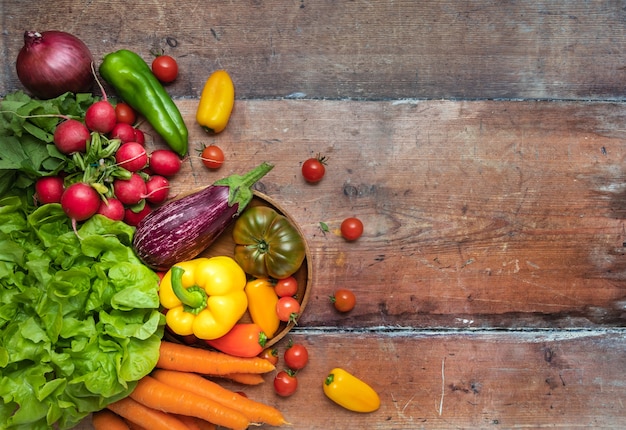 Ftop view fresh seasonal vegetables