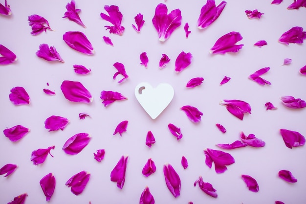 Fuchsia peony layout with white wooden heart in the center