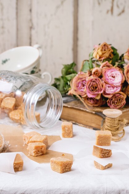 Fudge candy on tablecloth