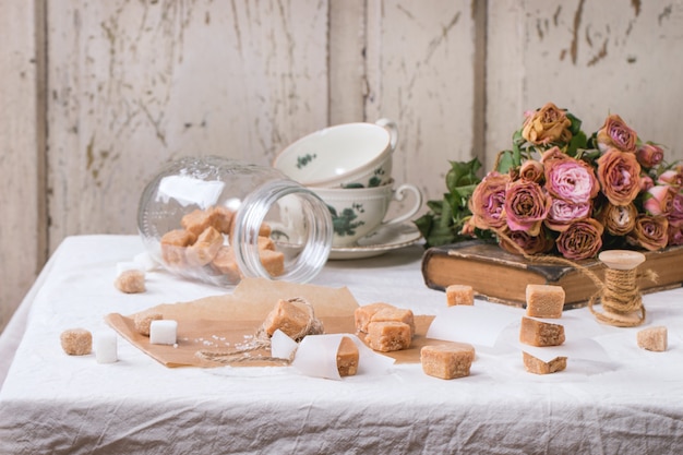 Fudge candy on tablecloth