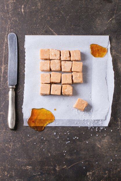 Fudge candy on tablecloth