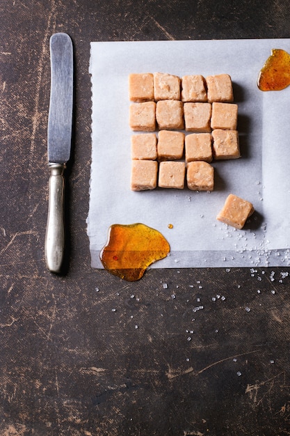 Fudge candy on tablecloth