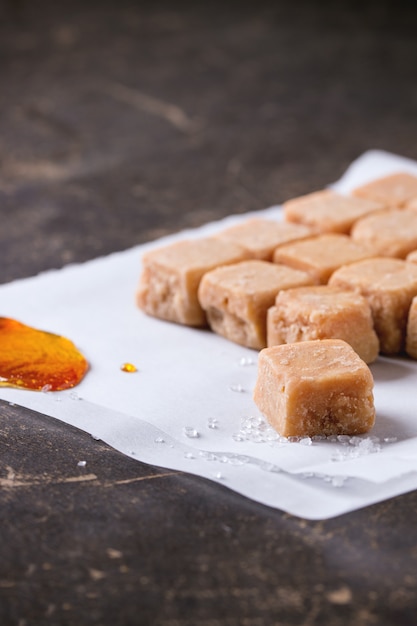 Fudge candy on tablecloth