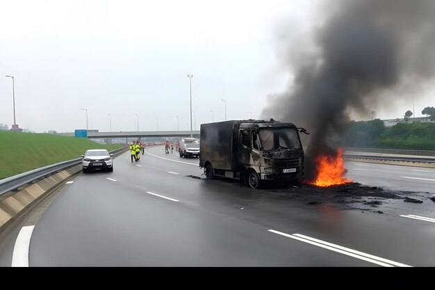 Fuel carrier in flames Truck burning on the road Neural network AI generated