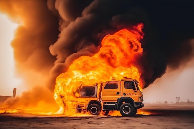 Fuel carrier in flames Truck burning on the road Neural network AI generated