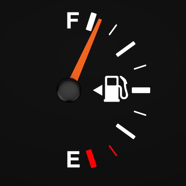 Indicatore del cruscotto del carburante che mostra un serbatoio pieno su sfondo nero. rendering 3d
