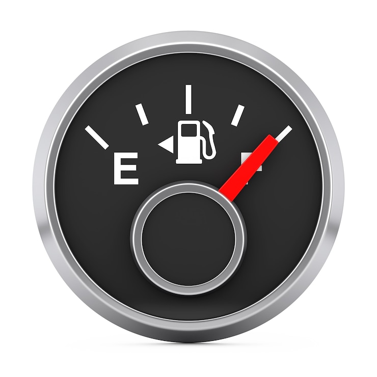 Photo fuel dashboard gauge showing a full tank on a white background. 3d rendering