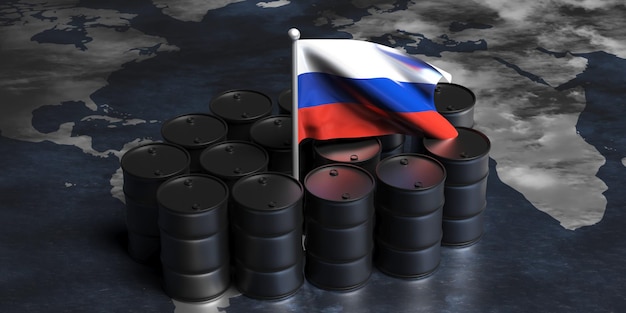 Fuel drums and Russia flag on world map background 3d illustration