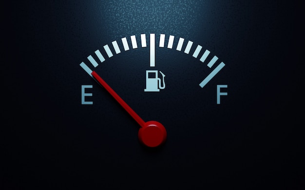 Photo fuel gauge with a red needle indicating empty.