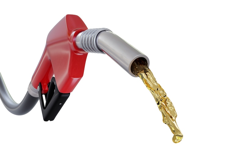 Photo fuel nozzle with stream, close up view on white with clipping path.