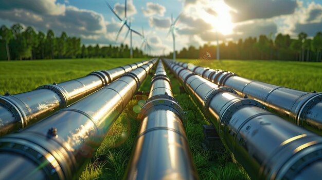 Photo fuel pipeline with wind turbines in the background renewable green energy production concept