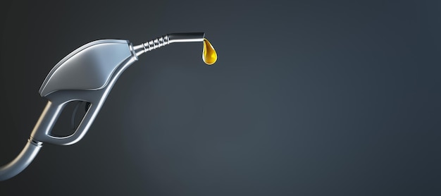 Foto ugello della pompa a pistola del carburante con goccia di benzina su ampio sfondo grigio con rendering 3d in posizione mock up