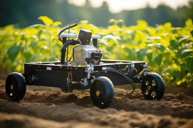 Foto robot agricolo fuiuristic in giardino per identificare i parassiti delle colture