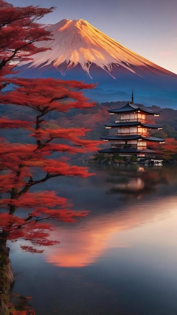 Fuji berg en Kawaguchiko meer bij zonsondergang herfst seizoenen Fuji berg bij Yamanachi in Japan