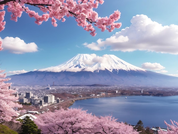 fuji-berg en kersenbloesems in de lente van japan