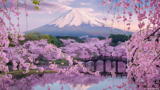 Fuji-berg en kersenbloesems in het voorjaar in Japan