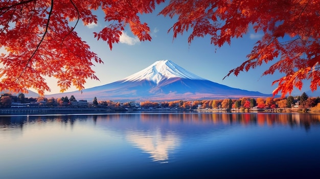 Fuji-berg en meer in de ochtend met herfstbladeren in japan