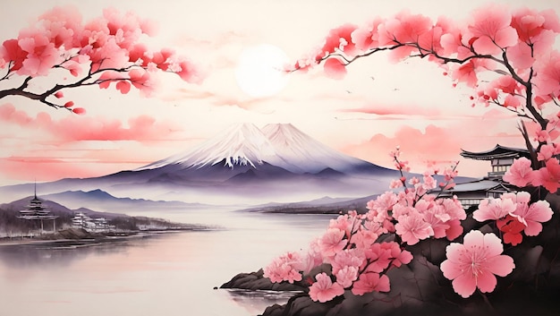 Fuji and cherry blossom spring background Watercolor painting