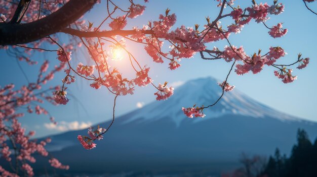 富士山と桜の花がカワグチコ湖に映る 日本 青い空 春のサキュラ