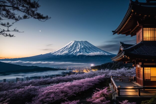 写真 日本の春の富士山と桜の花