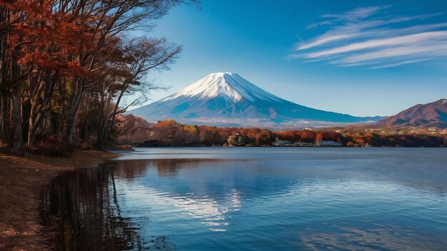 秋の富士山は日本の川口湖にあります