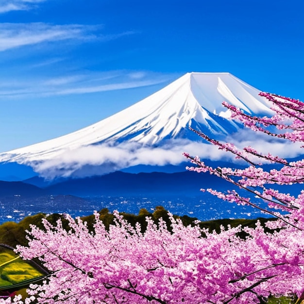 Fuji mountain and cherry blossoms in spring in japan