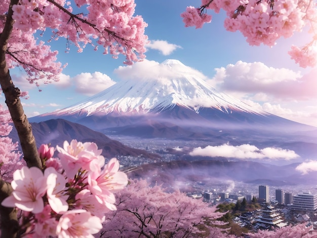 Fuji mountain and cherry blossoms in spring japan