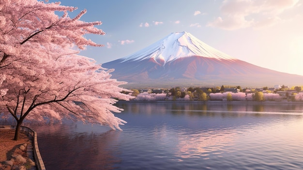 fuji mountain and cherry blossoms in spring japan