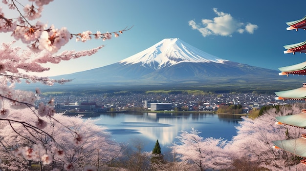 fuji mountain and cherry blossoms in spring japan