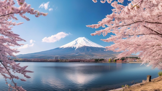 fuji mountain and cherry blossoms in spring japan
