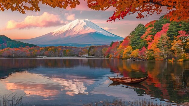 Photo fuji mountain and kawaguchiko lake in morning autumn seasons fuji mountain at yamanachi in japan