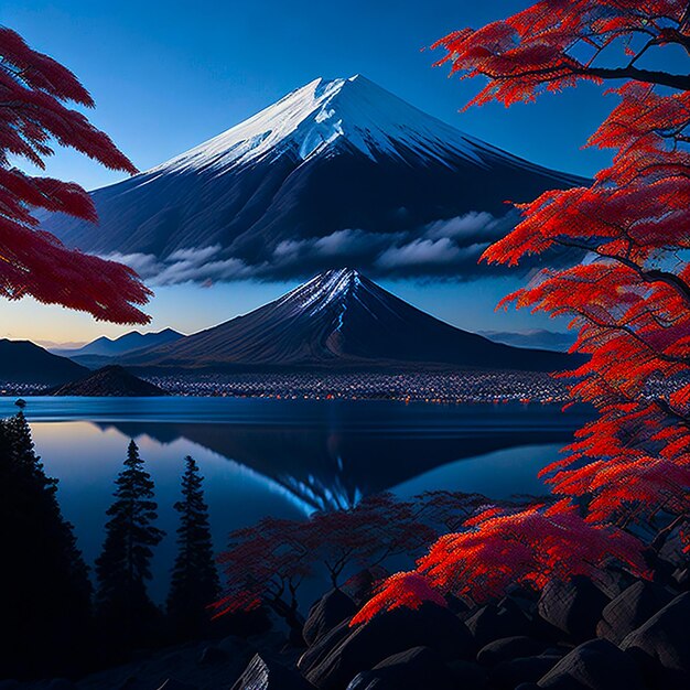 Foto monte fuji e la nebbia in autunno durante la bellissima alba generata dall'intelligenza artificiale