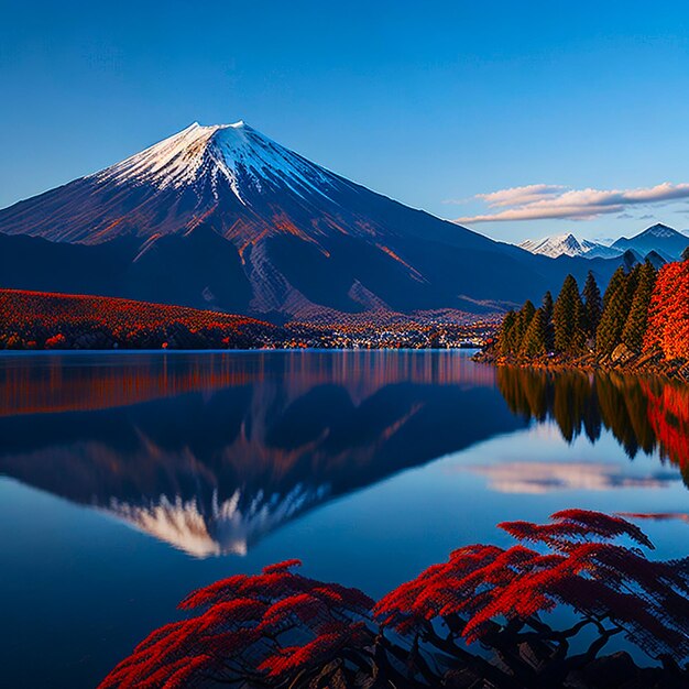 Fuji Mountain and the mist in Autumn at beautiful sunrise generated by AI