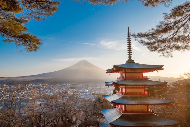 Fujiyoshida, Japan at Chureito Pagoda and Mt. Fuji at sunset