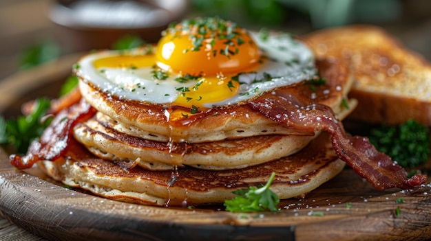 A fulfilling breakfast array with crispy bacon fluffy pancakes sunnysideup eggs and golden toast the ultimate morning delight AI Generative