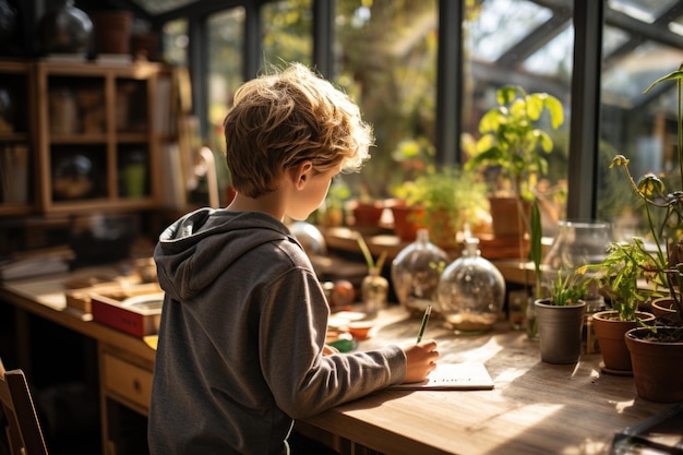 Full back view of boy doing homework at desk homeschool concept copy space