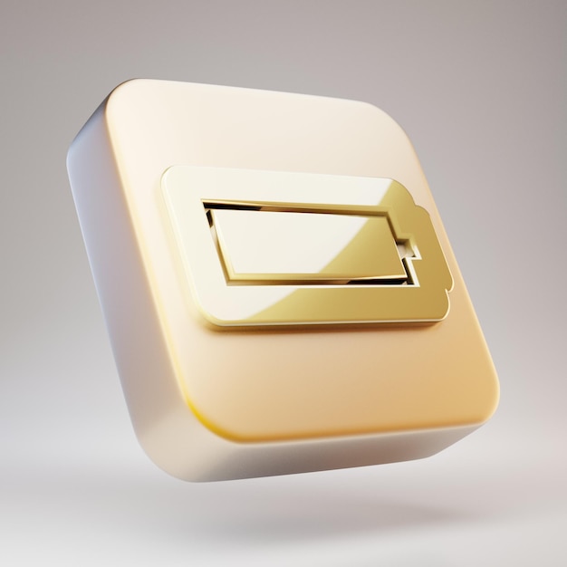 Значок полной батареи. Золотой символ полной батареи на матовой золотой пластине. 3D визуализации значок социальных сетей.