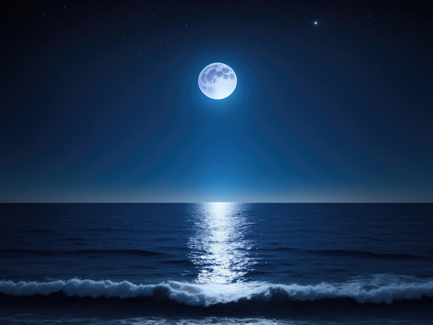 Полная голубая луна В ночном небе есть звезды на небе Супер луна посреди моря