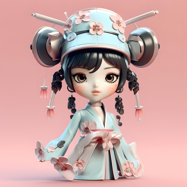 Full body 3d geisha cute cartoon in steampunk hat and google glass