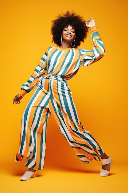 Foto ritratto afroamericano a tutto corpo di una signora adorabile e spensierata che indossa un costume a righe che balla in un club isolato su uno sfondo luminoso al neon