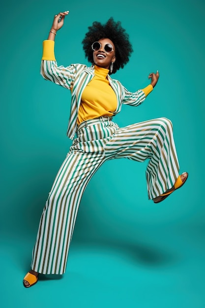 Африканско-американский портрет беззаботной прекрасной леди в полосатом костюме танцует в клубе изолированно на ярком неоновом фоне