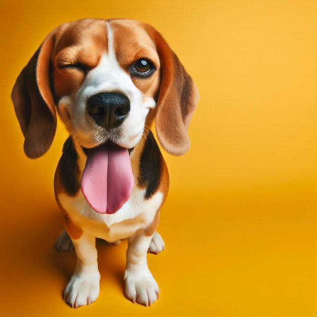 full body Beagle Dog winking and sticking out tongue on solid color bright background
