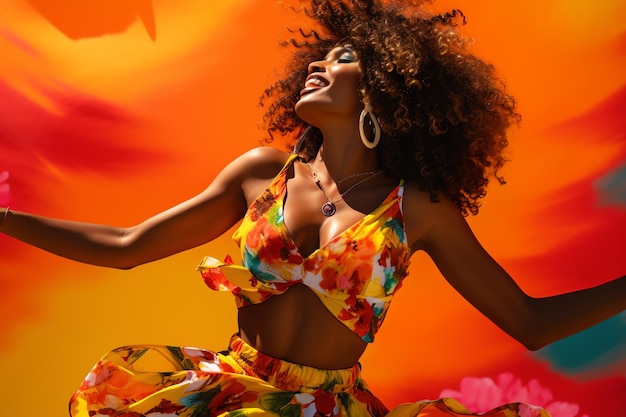 Photo a full body beautiful black woman dancing simple life accessory for summer day in tropical color in