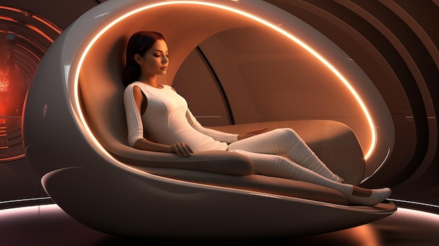 Foto corpo pieno una bella donna che dorme su un letto futuristico dati biometrici salute serena ai generato