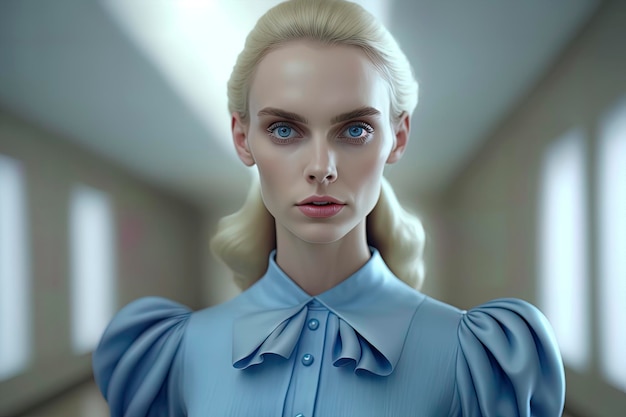 Full body blonde model with blue eyes and ultra realistic face french haute couture blue dress AIGenerated