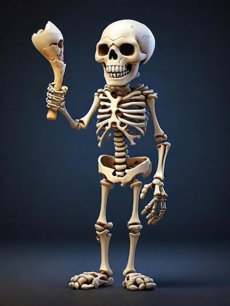 Фото Полнотеловый мультфильмный скелет улыбается и держит кость