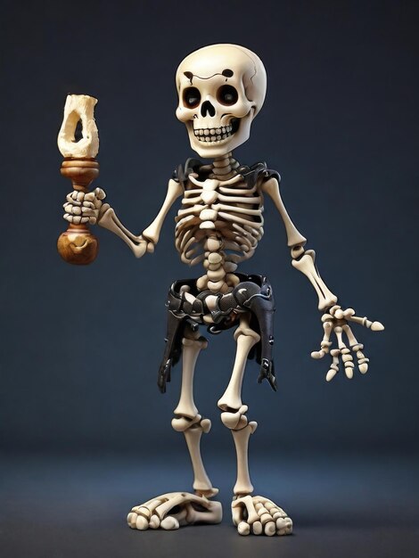 Photo full body cartoon skeleton smiling and holding a bone