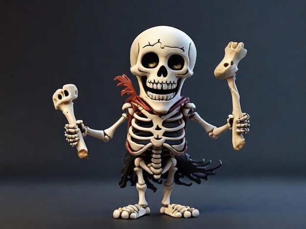 full body cartoon skeleton smiling and holding a bone