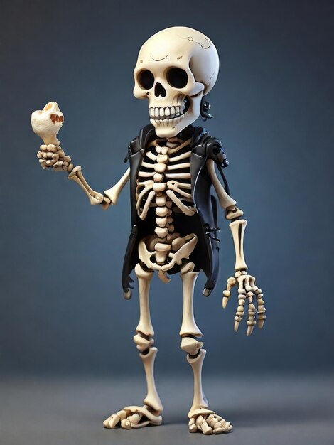 полнотеловый мультфильмный скелет улыбается и держит кость