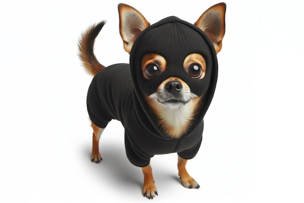 full body Chihuahua dog in a black robber mask with big bulging eyes isolated on a white background